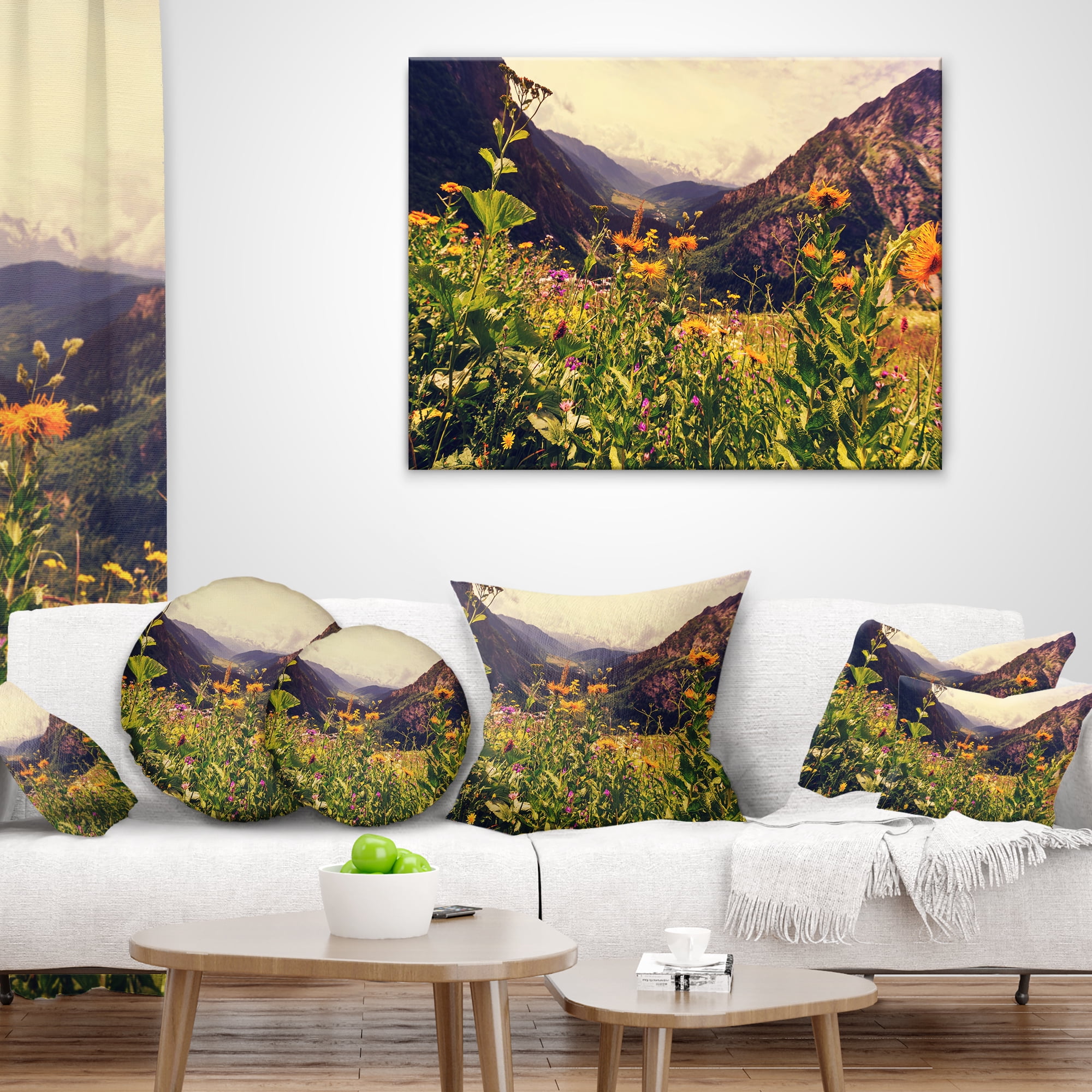 Designart Green Mountain Meadow with Flowers - Flower Throw Pillow - 16x16