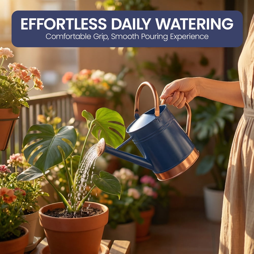 1-Gallon Steel Watering Can with Removable Sprinkler Head Ideal for Indoors & Outdoors, Blue