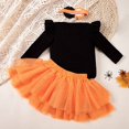 thumbnail image 4 of GYRATEDREAM Newborn Baby Girls Halloween Outfit Infant Ruffle Long Sleeve Pumpkin Letter Print Romper Tops + Bowknot Layed Tulle Tutu Skirt + Headband 3Pcs Set Toddler Fall Clothes for 1-18 Months, 4 of 6
