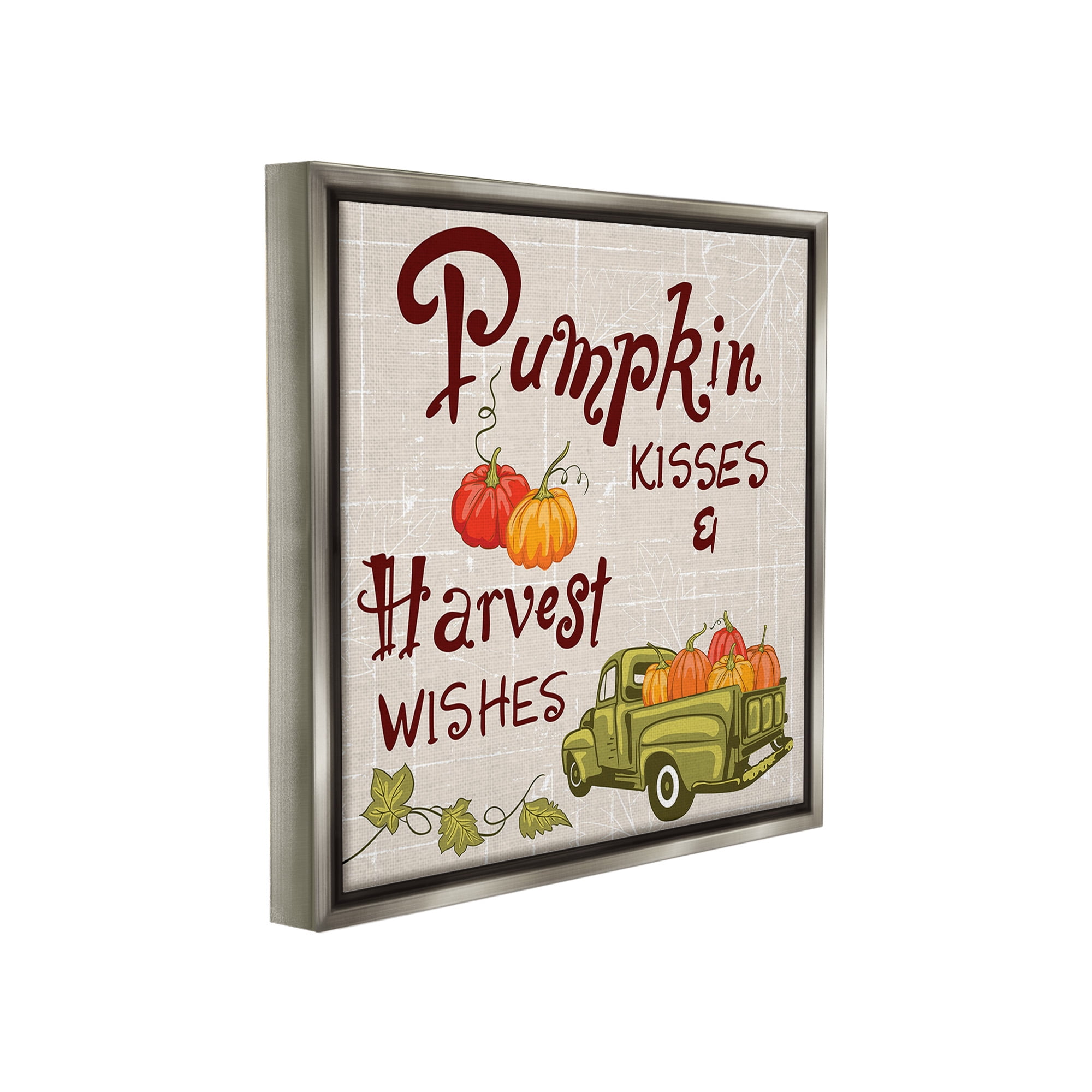 Stupell Industries Farmhouse Pumpkin Kisses Holiday Painting Gray Floater Framed Canvas Art Print Wall Art, 18 x 18