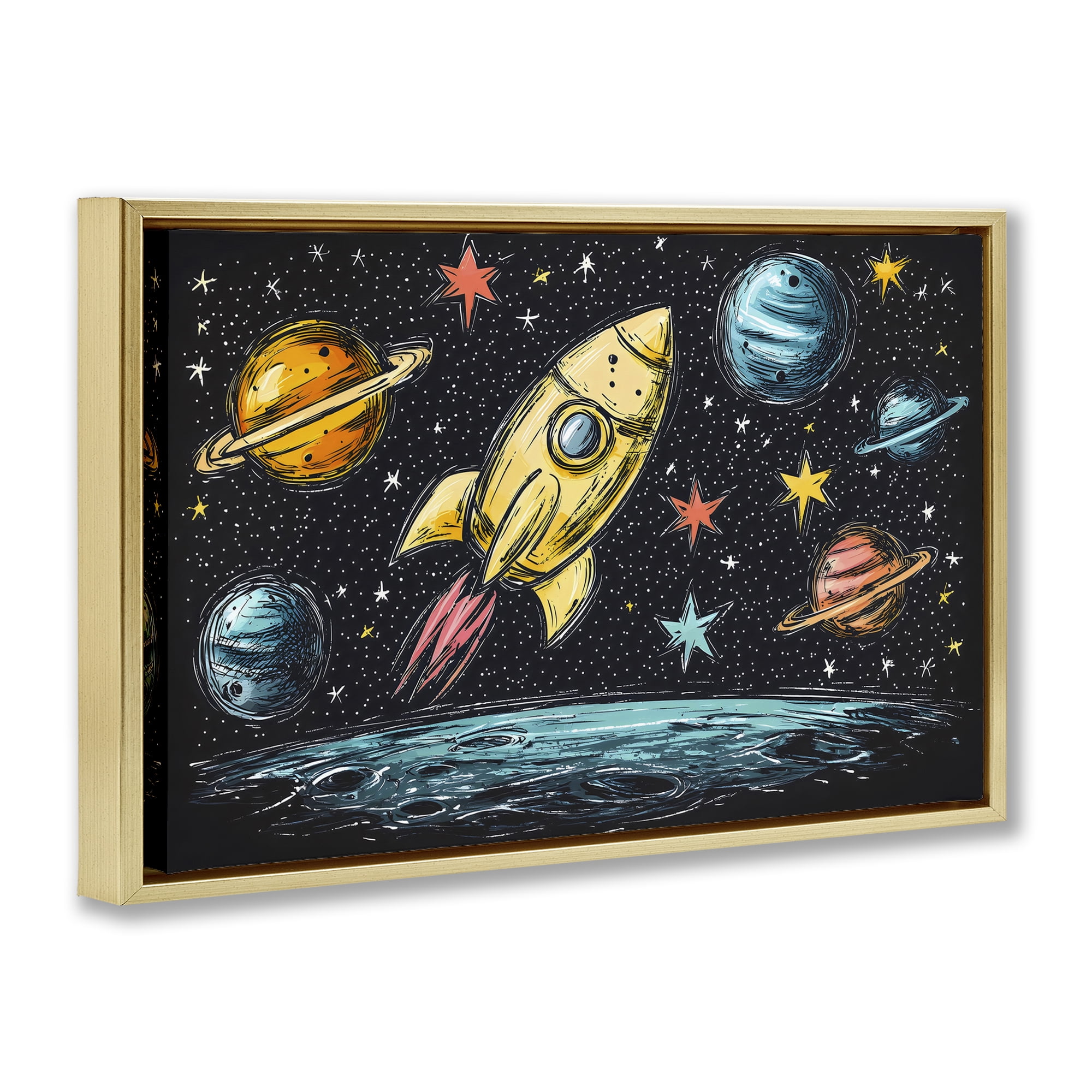 Stupell Industries Whimsical Rocket & Planets Gold Framed Floater Canvas Wall Art, design by Creative Studio