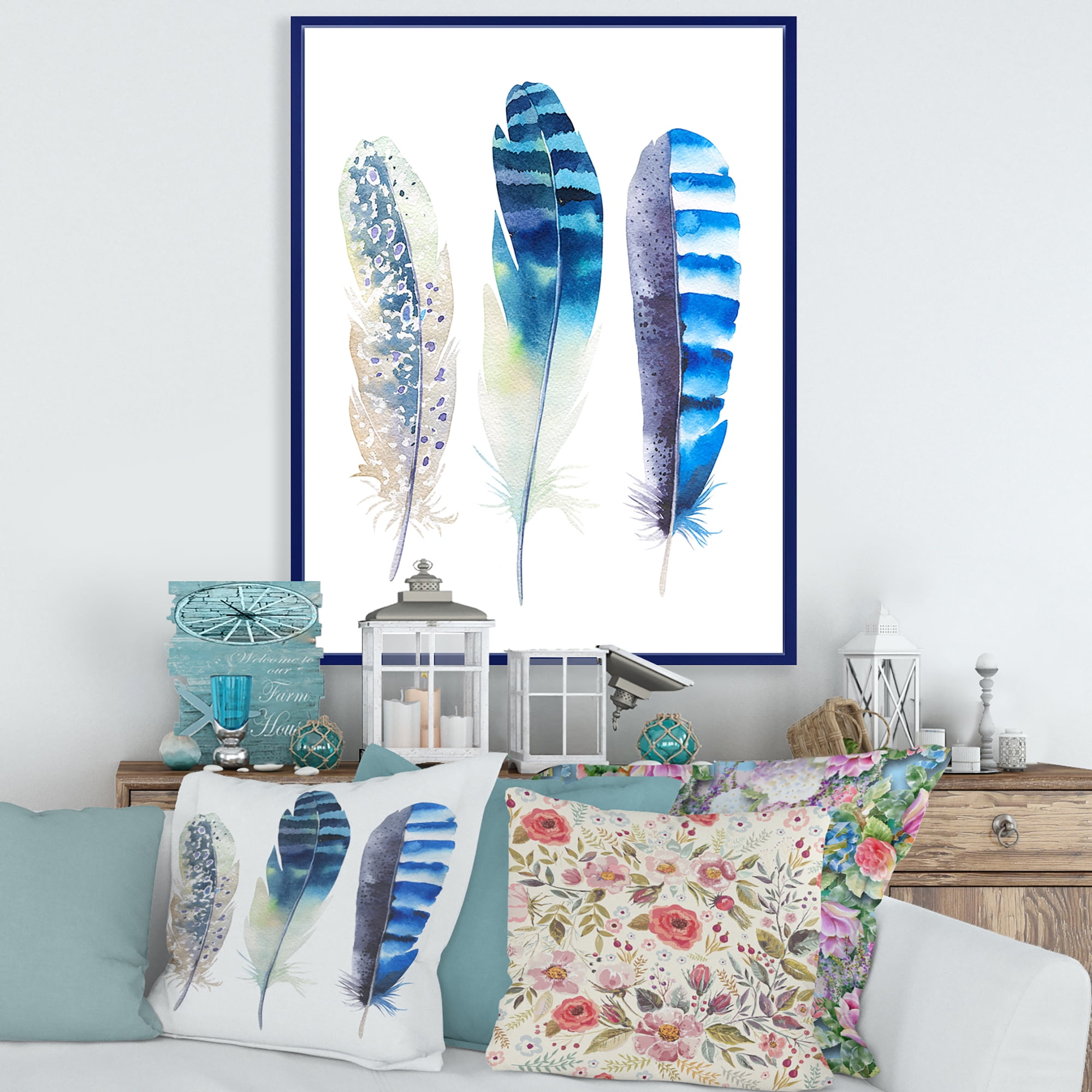 Designart 'Colourful Boho Art Feathers I' Bohemian & Eclectic Framed Canvas Wall Art Print