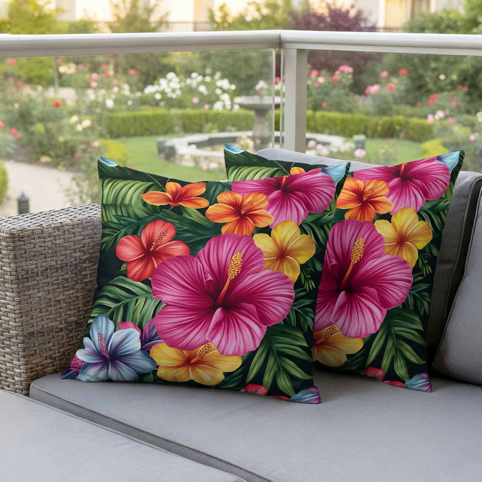 Outdoor Pillow Covers Hibiscus Flower Pink Floral Waterproof Pillow Cases 18x18 Set of 2, Country Watercolor Green Leaves Throw Pillow Cover Pillowcase for Patio Balcony Couch Garden