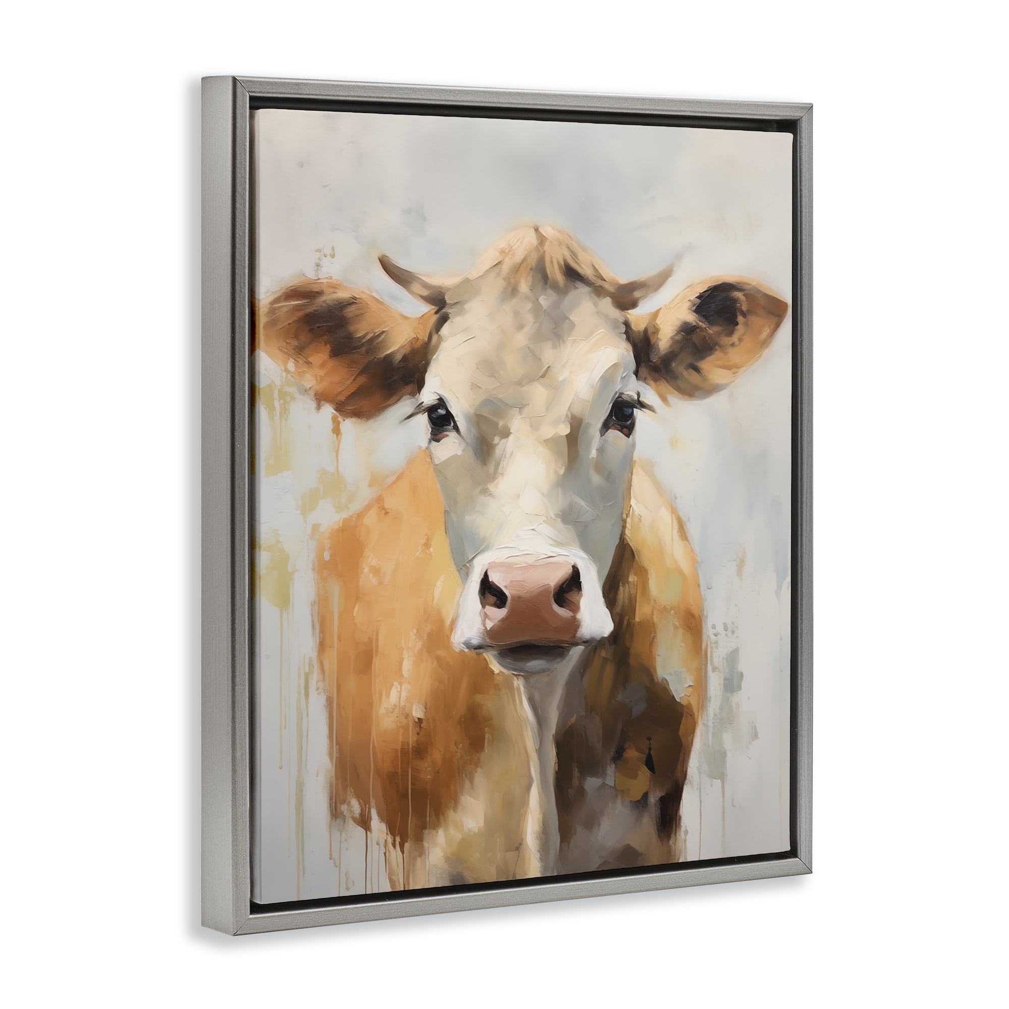 Stupell Industries Paint Drip Jersey Cow Animals Painting Gray Floater Framed Canvas Art Print Wall Art, 25 x 31