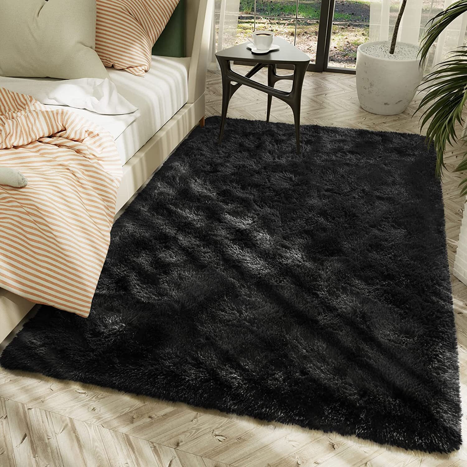 Dwelke Ultra Fluffy Rug Indoor Plush Soft Carpet for Living Room Anti-Skid Durable Area Rug 5.3x7.5ft Black