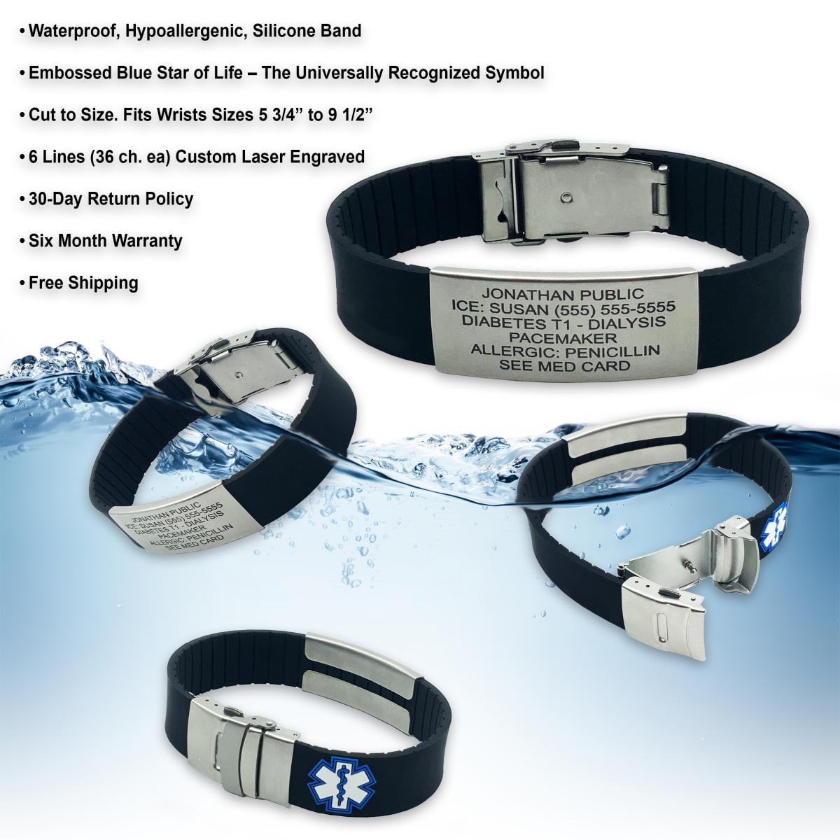 Sport Medical Alert Bracelet for Men and Women Engraving. Emergency Medical Card to Carry Your Emergency Medical Information. Complimentary Access PHR Personal Health Record Black Walmart