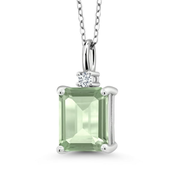 Gem Stone King 925 Silver Green Prasiolite and White Lab Grown Diamond Pendant Necklace for Women (2.94 Cttw, Gemstone Birthstone, Emerald Cut 10X8MM with 18 inch Silver Chain)