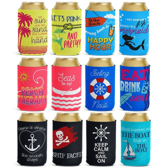 12-Pack Neoprene Can Cooler Sleeves for Soda, Soft Drinks, Beverages, Water Bottles, Beer Covers for Beach, Summer Pool Party Supplies, Cruise Favors (12 ounces)