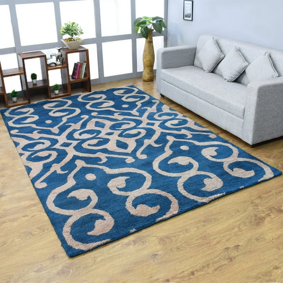 RUGSOTIC CARPETS HAND KNOTTED SILK AREA RUGS - 6'x9', Rectangle, Blue Beige, Contemporary Modern Design, High Pile Thick Handmade Anti Skid Area Rugs for Living Room, Bed Room (NS3307)