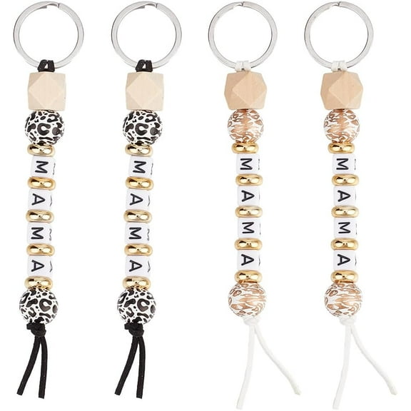 4Pcs 2 Colors Mama Key Chain Set Wooden Bead Keychain Kits Plastic Cow Print Small Silicone Beads Colorful Key Chains Favor Wedding Favors Decor Colorful