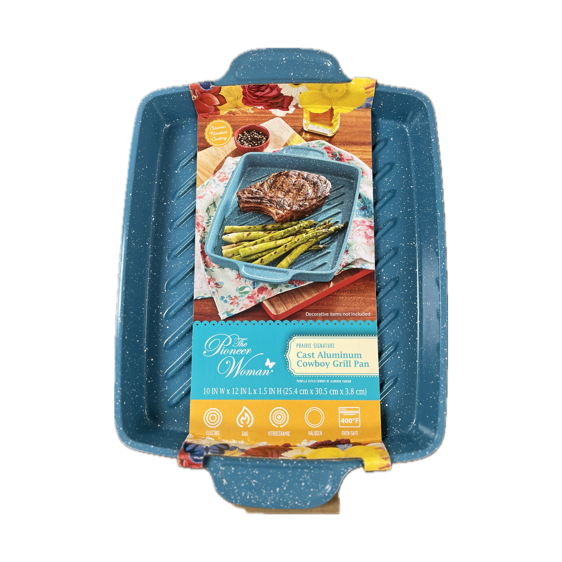 The Pioneer Woman Prairie Signature 12" x 10" Cast Aluminum Cowboy Steak Pan, Teal Speckle