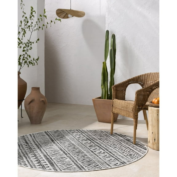 Livabliss Outdoor Rugs, 5ft Round Eagean Global Black Round Area Rug for Patio, Porch, Deck, Backyard, Waterproof Indoor Outdoor Carpet (5'3" x 5'3")