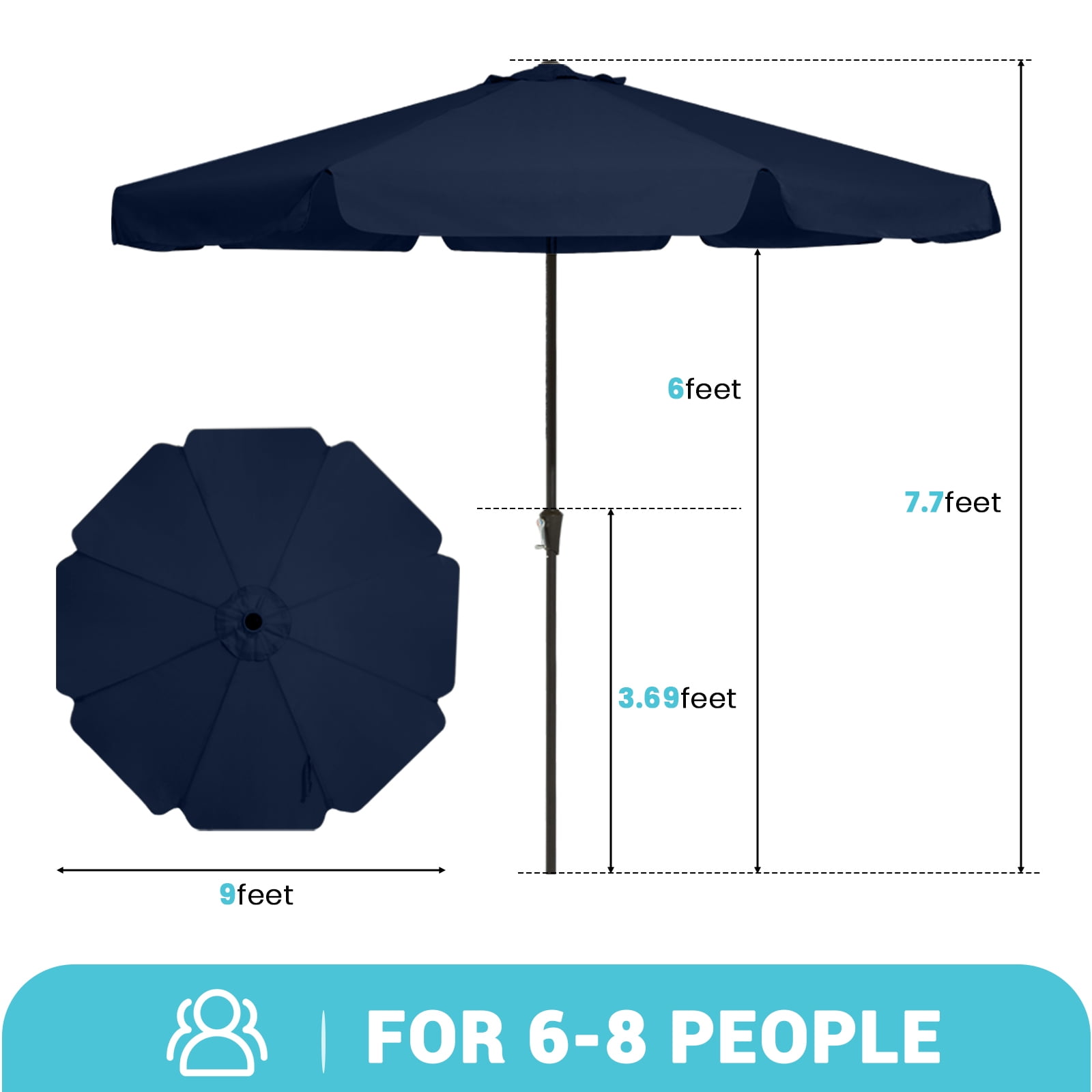 FUNDAZE 9ft Outdoor Patio Umbrella with Tilt & Crank, Heavy Duty Round Sun Umbrella for Garden, Poolside, Deck, Backyard，Navy Blue