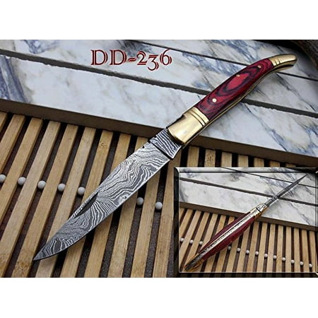Laguiole Folding Damascus steel knife 8.6 Long with 4.1 hand forged custom twist patren Blade. Wine 2 Tone Dollar wood & brass bolster scale. Cow hide leather sheath included