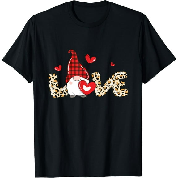 Cute Gnome Heart Love Leopard Kids Couples Valentines Day T-ShirtMen and women, Black T-shirt, size: Extra large