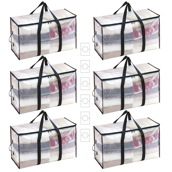VEGCOO 6-Pack Clear Storage Bags with Labels - 27" x 14" x 15" Heavy Duty Storage Totes with Reinforced Handles, 23 Gallon Capacity for Clothes, Seasonal Storage & Moving Supplies