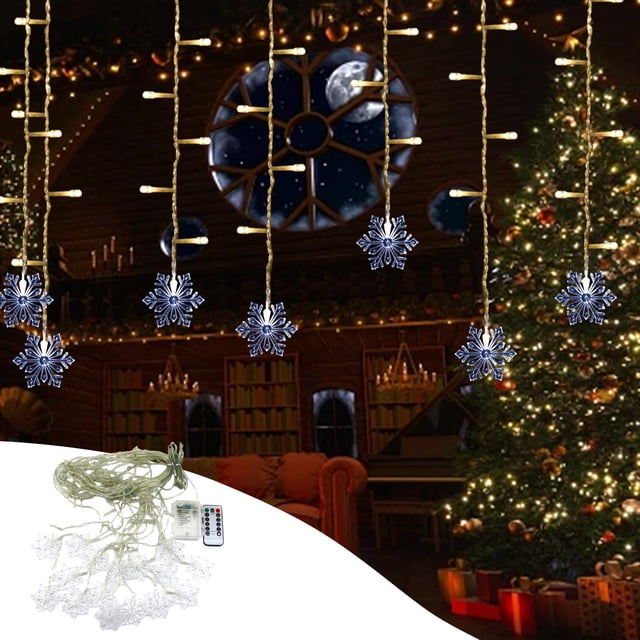Fiudx Luces Navideñas de Copo de Nieve, 16 Led con Forma de Copo de Nieve, 80 Mini Luces Led de Cadena, Decoración de Ambiente Cálido, Control Remoto Inteligente, Fiesta Navideña, 3,5 M de Largo, Fun