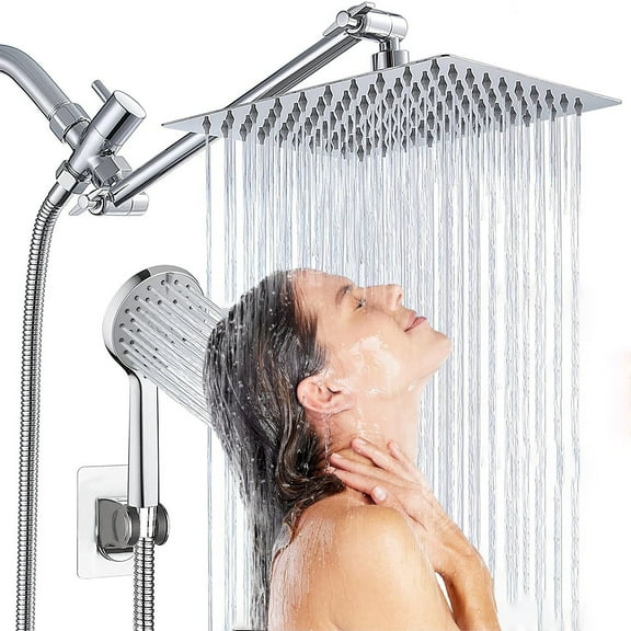 ZOWWKLLY Shower Head, 10” High Pressure Rain Shower Head with Handheld Shower Head Combo, Double & Tandem Shower Head Design, 11" Adjustable Arm, Anti-Clog Nozzles & 59" Hose (Silver)