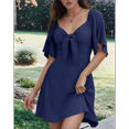 thumbnail image 3 of Women Summer Deep V Neck Elegant Bow Tie Mini Dress Navy Blue M, 3 of 8