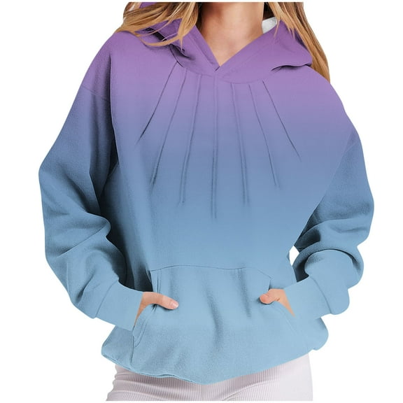 Fmbrln Womens Trendy Gradient Print Hooded Sweatshirts Casual Long Sleeve Front Pleated Hoodies Loose Comfy Pullover Tops with Pockets Fall Winter Trendy Clothes Navy S