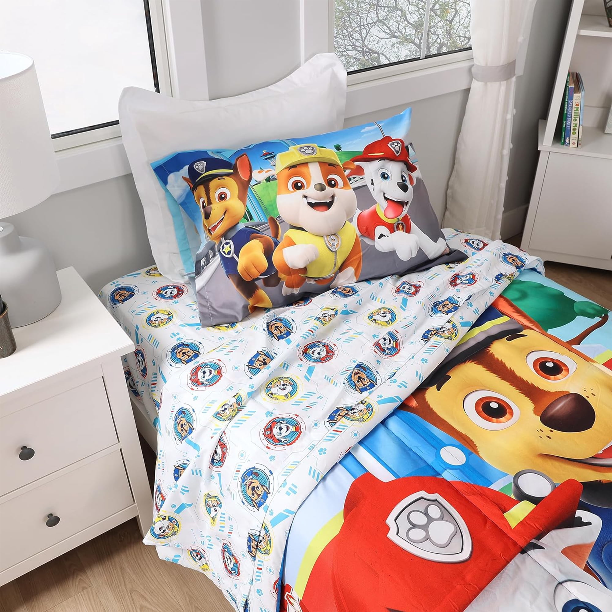 Paw Patrol Kids Plush Polyester Bedding Sheet Set with Reversible Comforter Twin Bed in Bag 4 Pcs Set for Kids