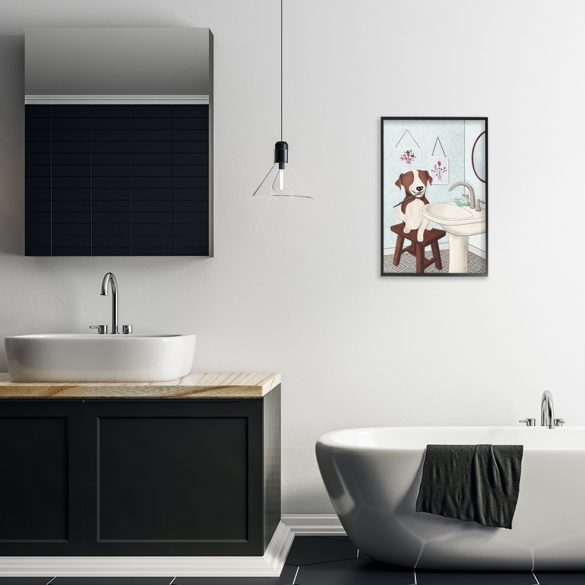 Stupell Industries Dog Brushing Teeth Typography Painting Black Framed Art Print Wall Art, 16 x 24