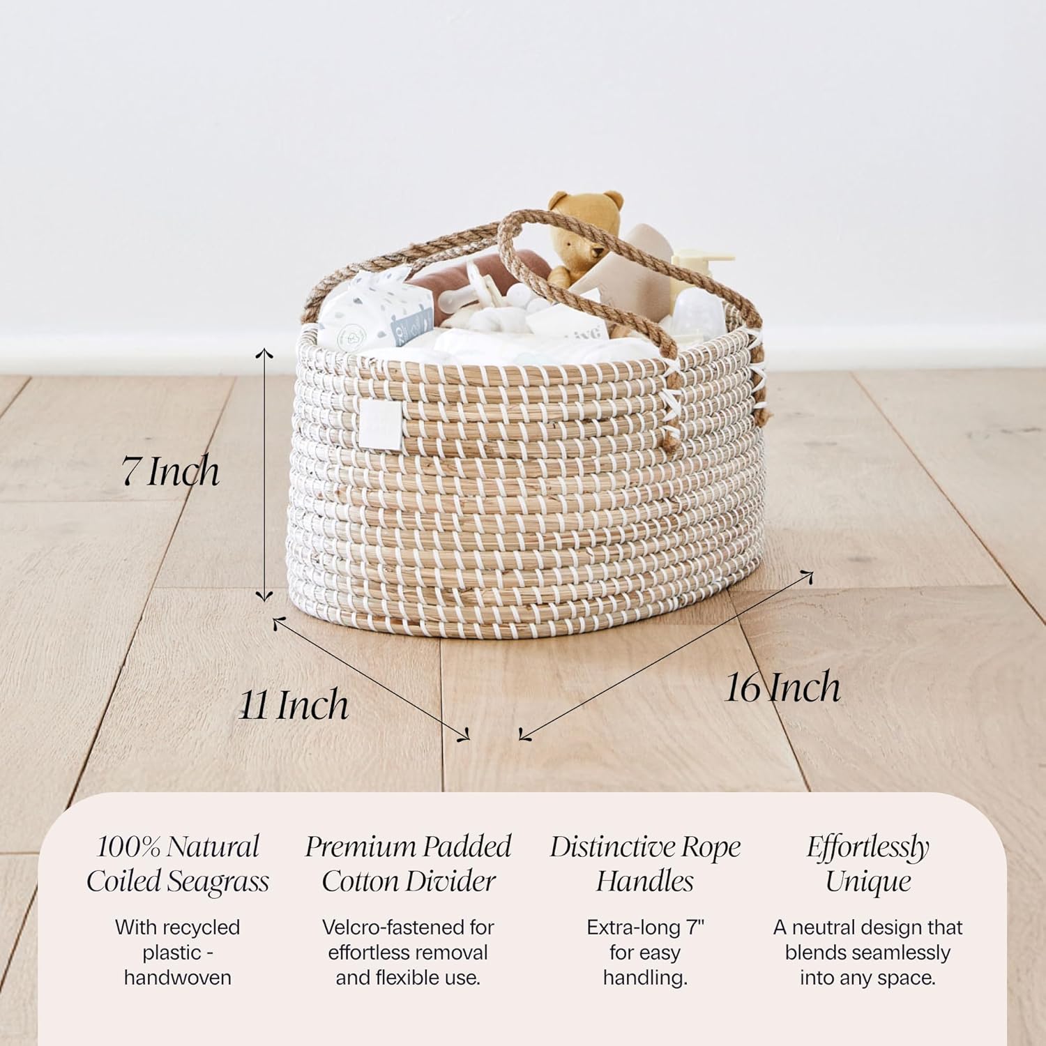 Premium Baby Diaper Caddy Organizer - Handmade - Seagrass Basket With Cotton Divider - Award-Winning & Luxury Diaper Caddy Basket - White (NATURAL)