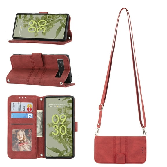Mantto Crossbody Wallet Case for Google Pixel 6A 6.1 inch,Premium PU Leather Shockproof Flip Stand Magnetic Closure Folio Card Slots Phone Case with Shoulder Strap,Red