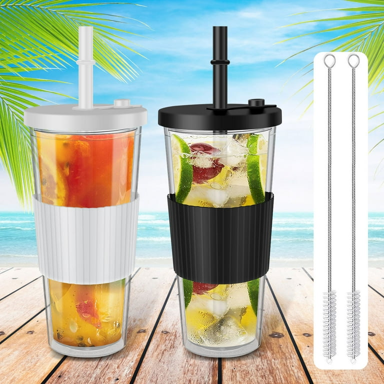 2Pcs Boba Cup Plastic Bubble Tea Cup Leak-Proof Smoothie Tumbler with Lid Reusable  Iced Coffee Cup with Straw Portable Jars Mug 700ml for Bubble Tea Cold  Drink Iced Coffee Juice 