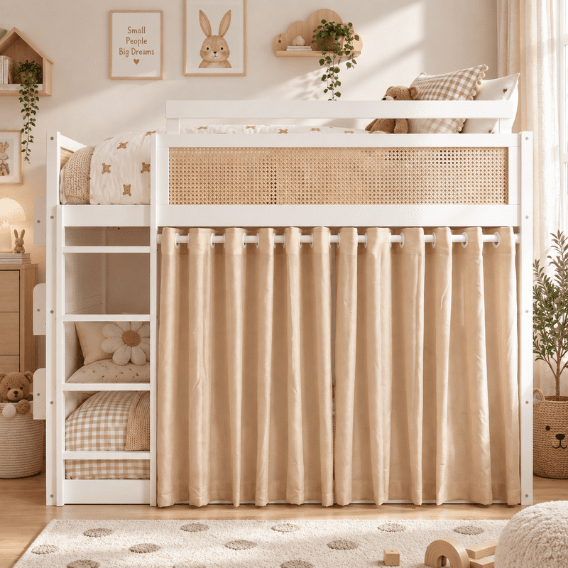 Full Size Bunk Bed with 3-Tier Storage Shelf, Rattan-Style Decor, Privacy Curtains and LED Light Strip, Modern Wood Full Over Full Bunk Bed Frame for Kids Teens