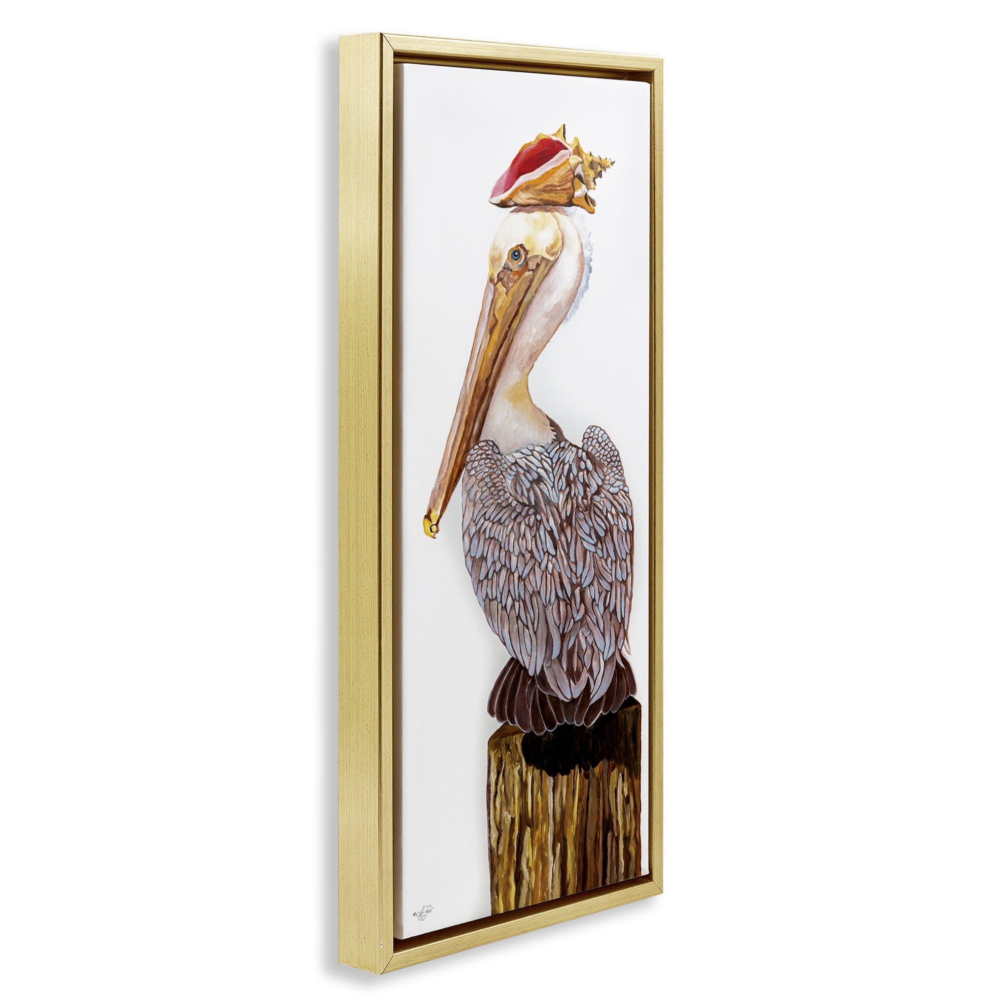 Stupell Industries Nautical Pelican with Sea Shell Animals & Insects Painting Gold Floater Framed Canvas Art Print Wall Art, 11 x 25