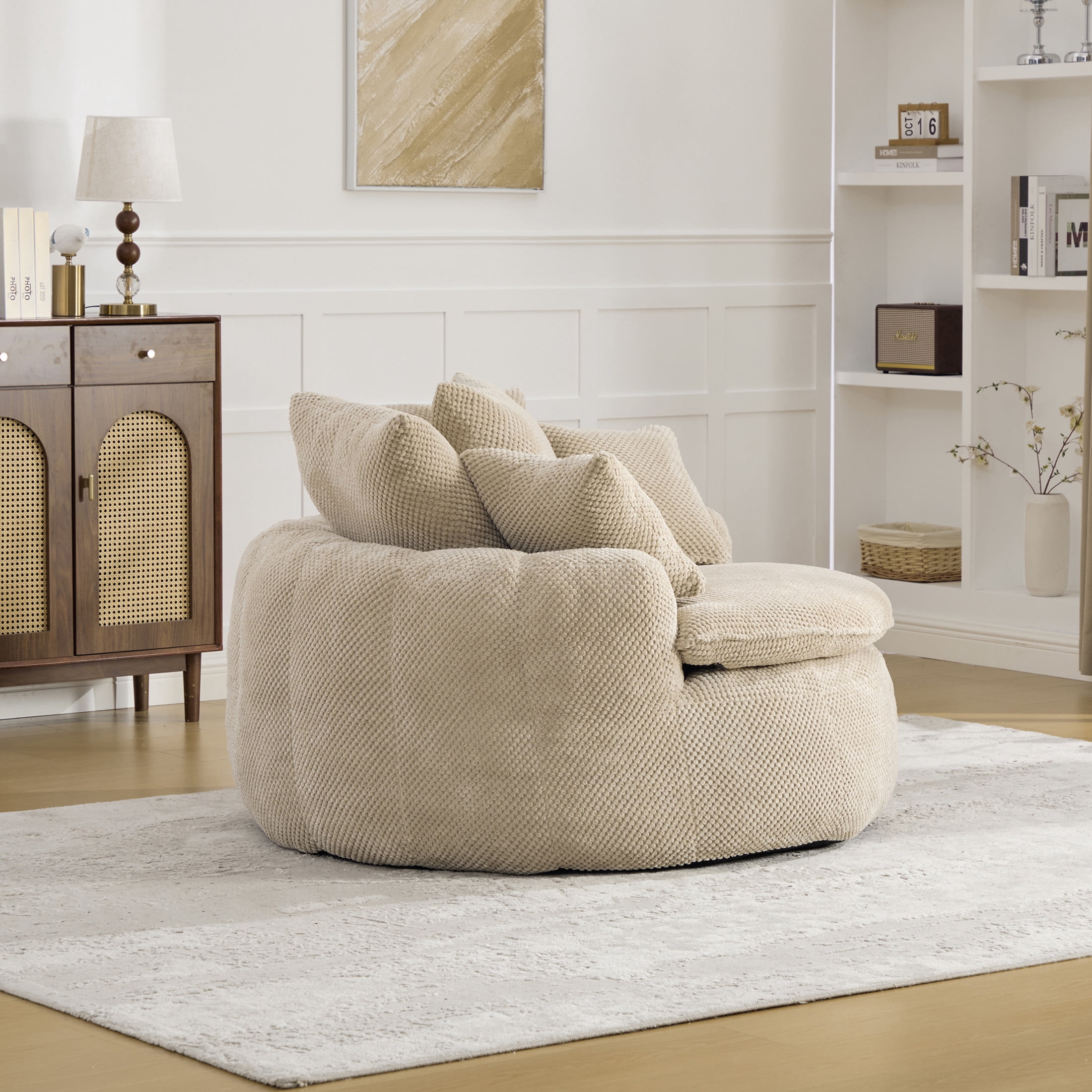 GDF Studio 53.15-Inch Oversized Pumpkin-Shaped Lounge Chair with Pineapple Lattice Fabric, Taupe