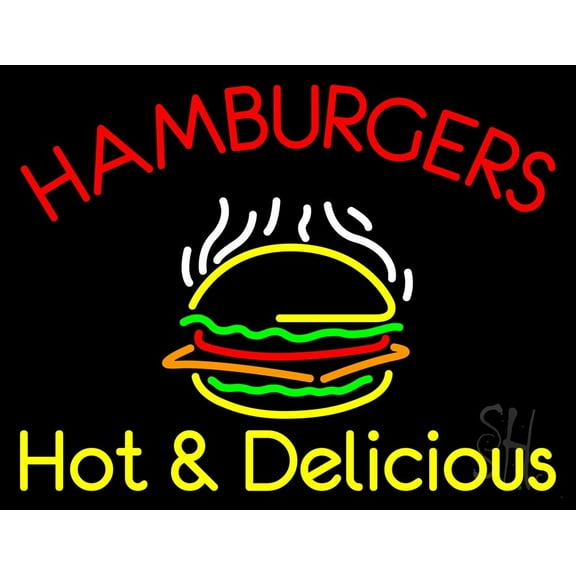Red Hamburgers Hot And Delicious LED Neon Sign 15 x 19 - inches, Clear Edge Cut Acrylic Backing, with Dimmer - Bright and Premium built indoor LED Neon Sign for restaurant window and interior decor.