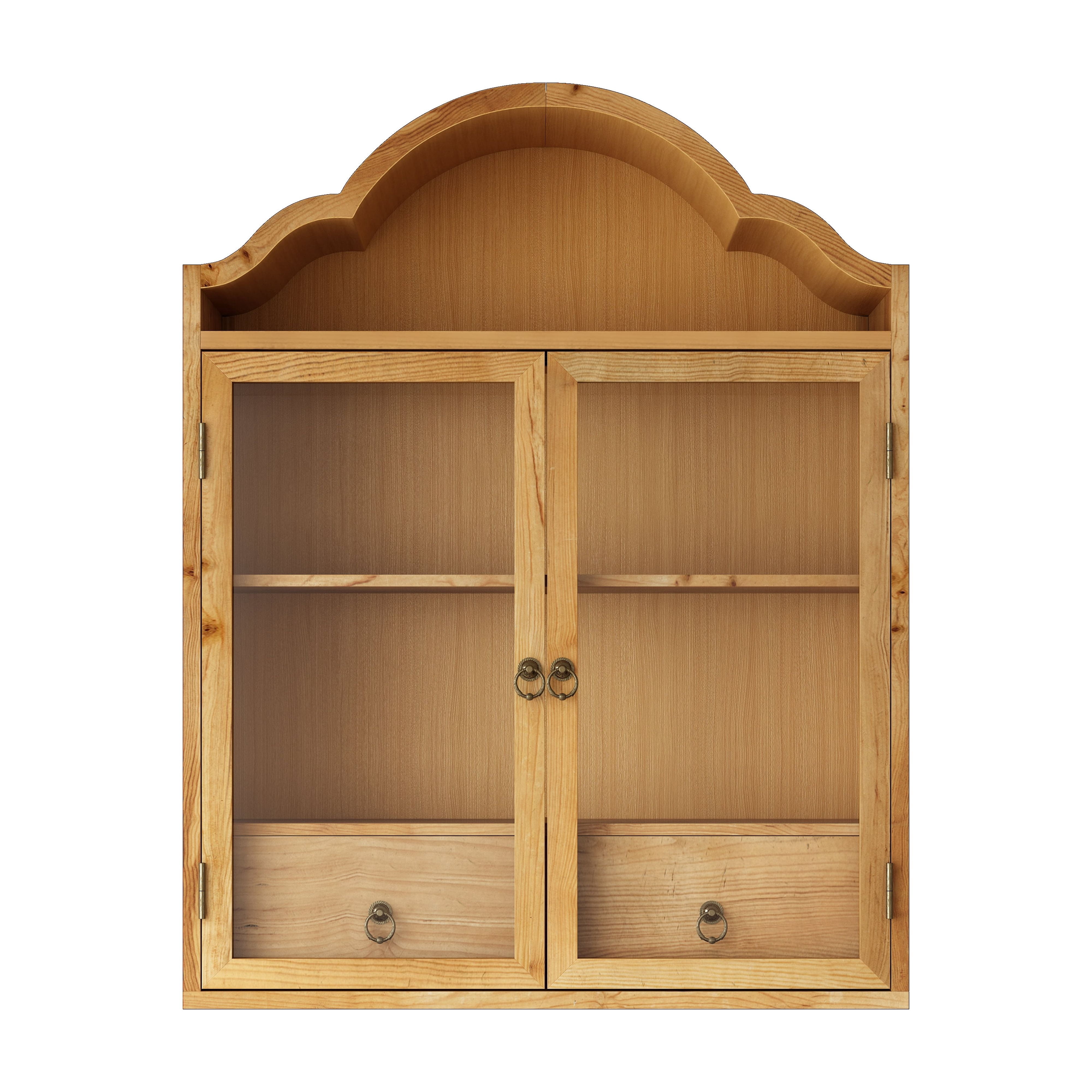 Wall Cabinet with Elegant Wave Top and Solid Wood Frame, Rustic Vintage Wall Cabinet and Storage Shelf for Dining Room Kitchen Bathroom, Natural