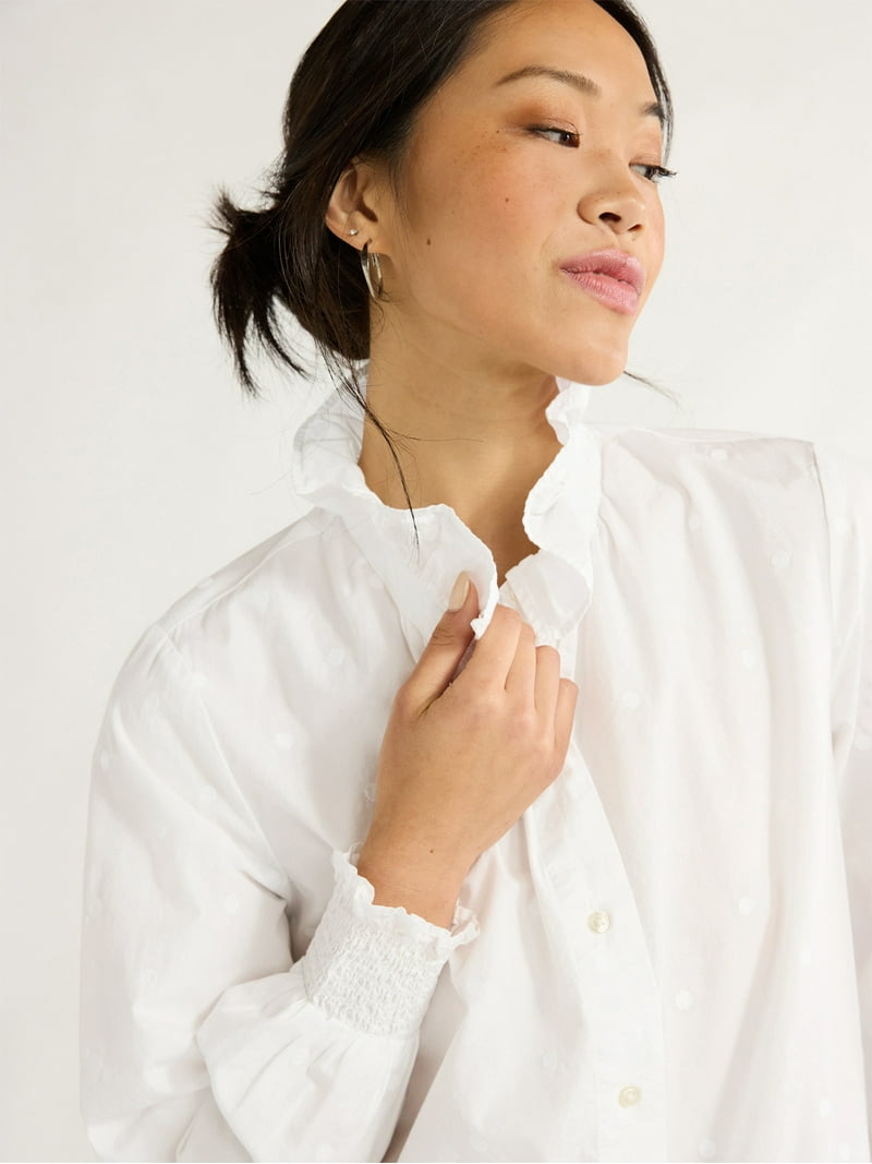 Free Assembly Women's Ruffle Neck Cotton Blouse, XS-XXL