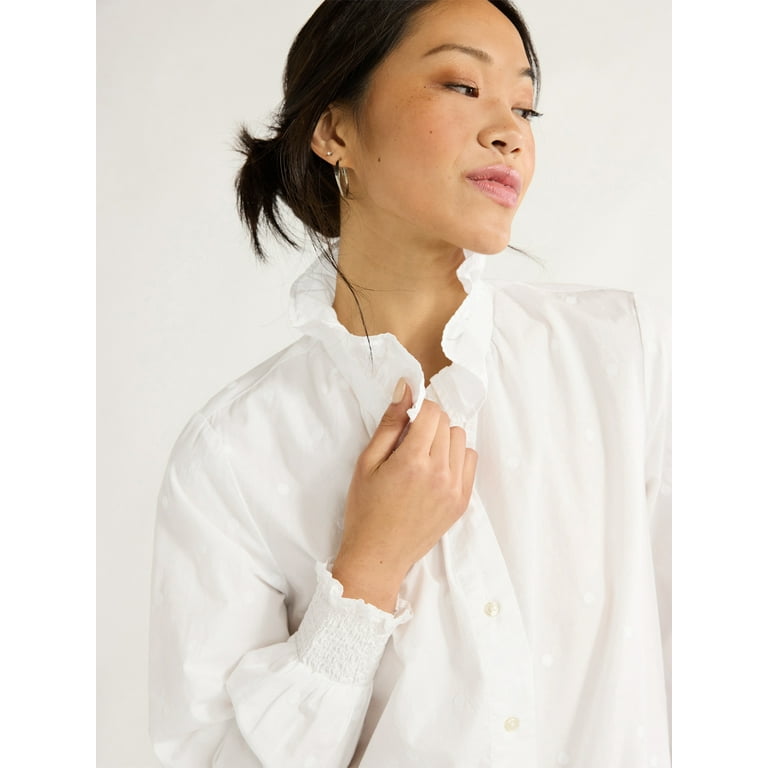 Free Assembly Women's Ruffle Neck Cotton Blouse, XS-XXL