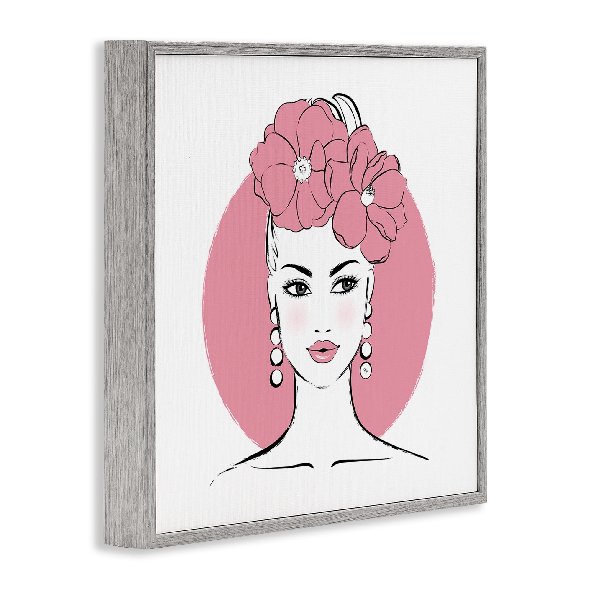 Stupell Industries Pink Lady Portrait Novelty Painting Gray Framed Art Print Wall Art, 17 x 17