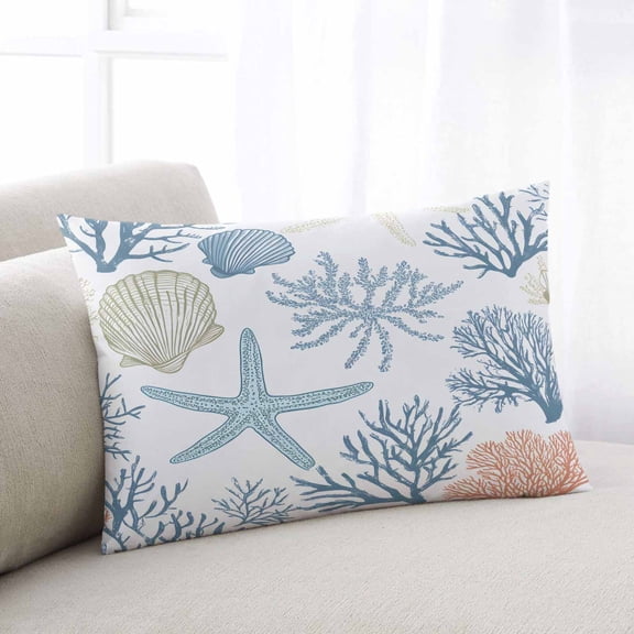 Coral Coastal Throw Pillow Cover, Pillowcase Protectors with Zipper, Breathable Decorative Lumbar Pillow Case Cover, Summer Beach Starfish Nautical Shell Pillow Shams for Couch Sofa 12x20Inch