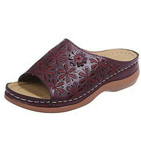 

Leather Soft Footbed Orthopedic Arch-Support Sandals Women s Summer Beach Shoes Flat Heel 38 Wine Red