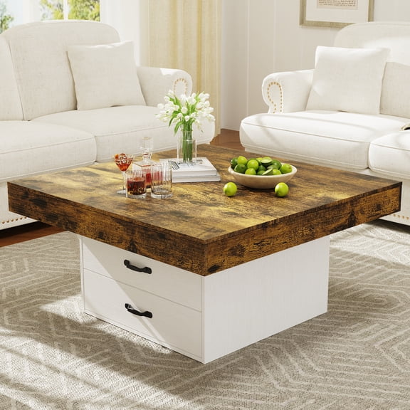 Miniyam 35.4 in. Square Coffee Table with Storage Drawers and LED Lights, Farmhouse Wood Coffee Table for Living Room or Office, White