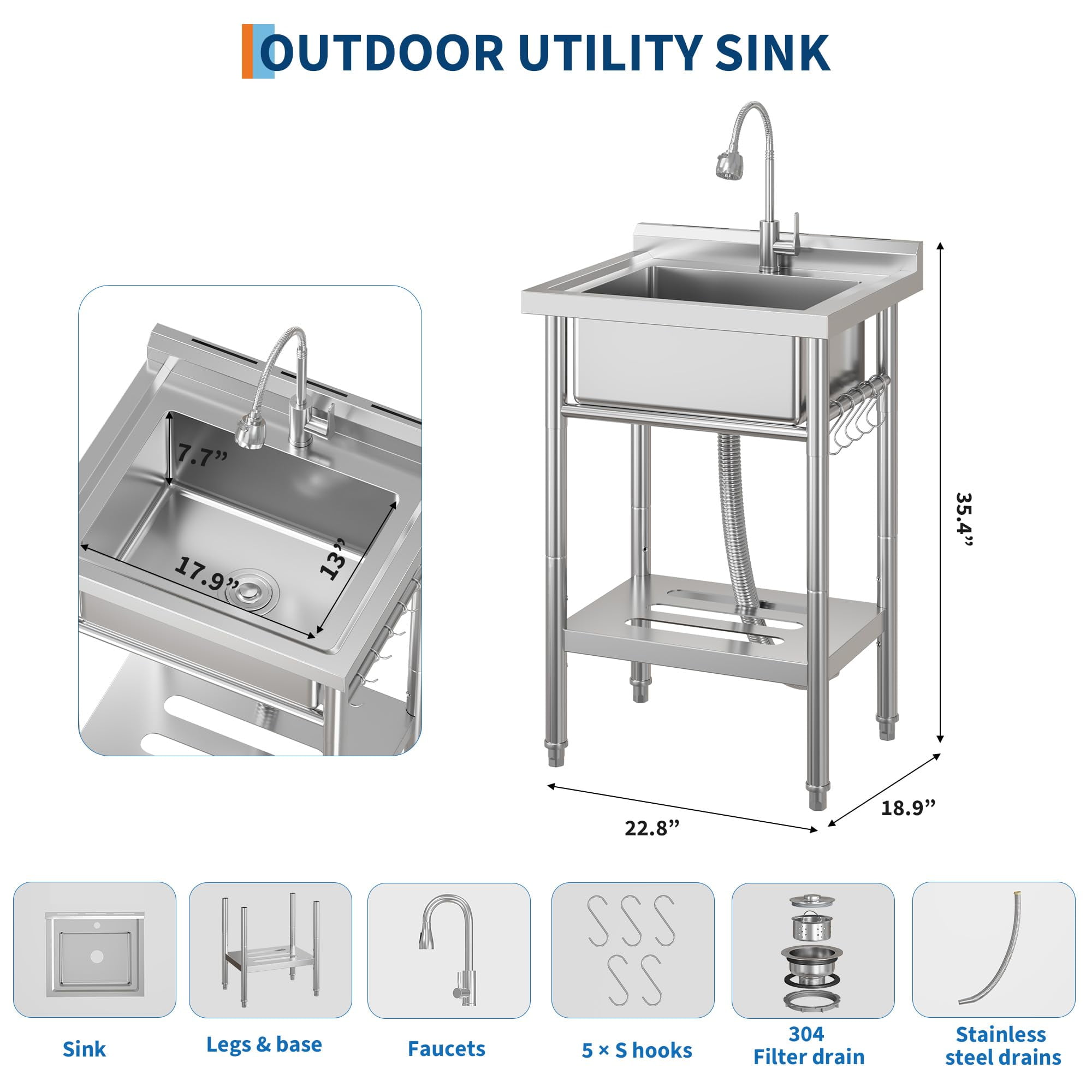 Accreate Freestanding Stainless Steel Utility basin with Faucet – 304 Single Bowl, Adjustable Legs, Storage Shelf, S-Hooks, Hot & Cold Water Pipes – Commercial Prep Kitchen/Laundry/Garage basin