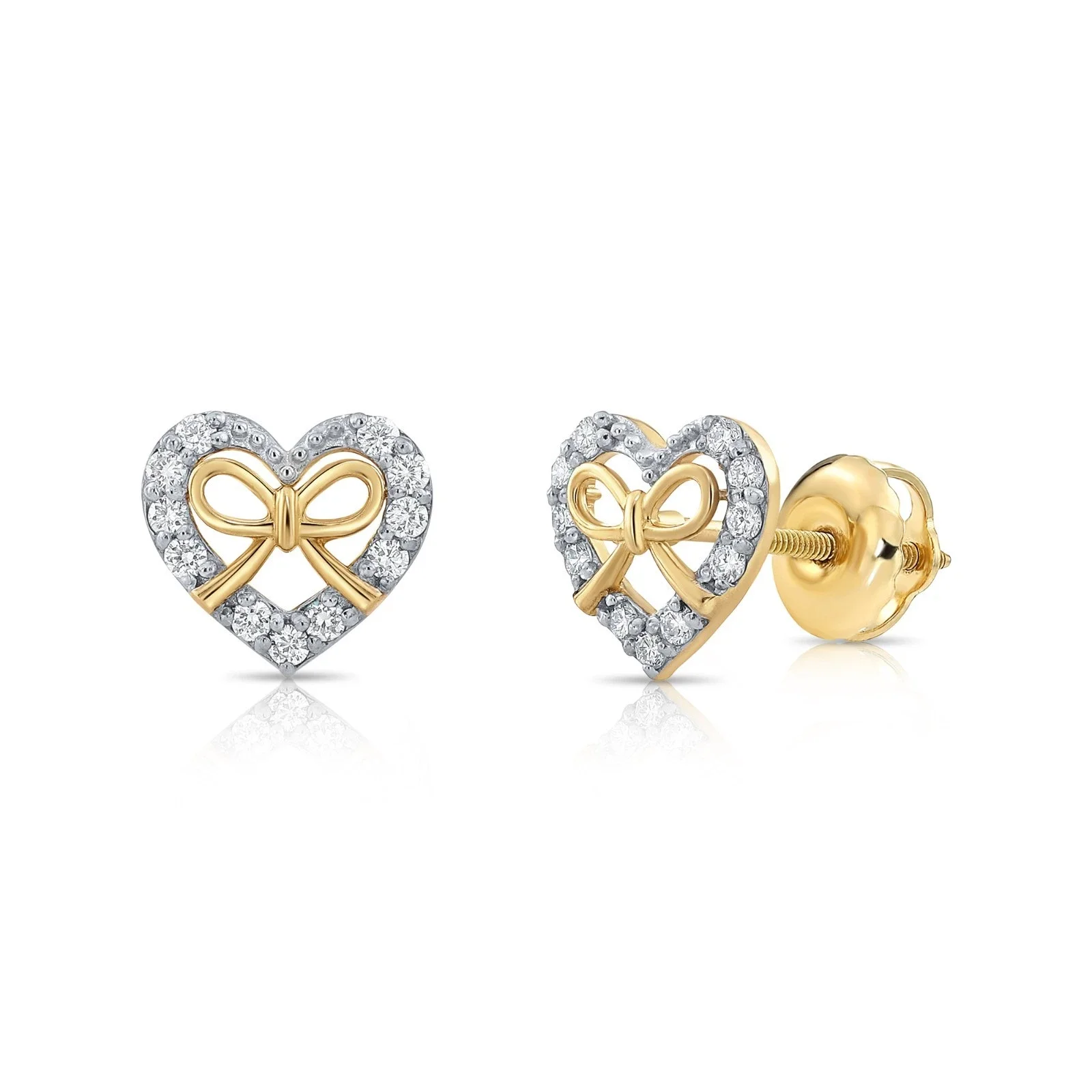 Tilo Jewelry 14K Yellow Gold .20 Carat Diamond Heart Bow Ribbon Stud Post Earrings with Secure Screw-Backs | Lab Grown Diamond Heart Studs for Women & Unisex
