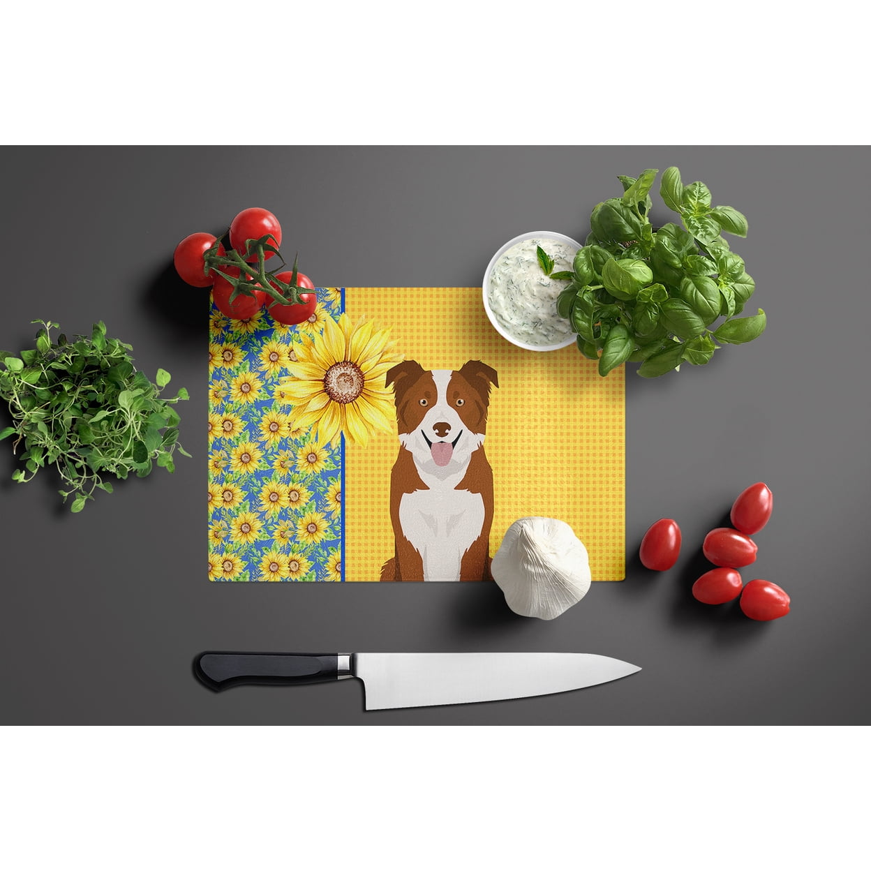 Summer Sunflowers Red and White Border Collie Glass Cutting Board Large 12 in x 15 in