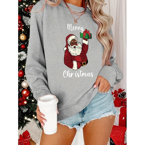 Women's Plus Size Christmas Santa Claus Graphic Sweatshirt - Casual Long Sleeve Crew Neck, Machine Washable Polyester for Fall & Winter