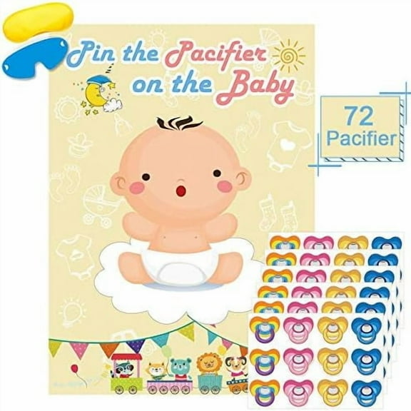 Pin The Pacifier On The Baby Game - Large Poster for Baby Shower Party, Kids Birthday Party Supplies - 72 Pacifier Stickers