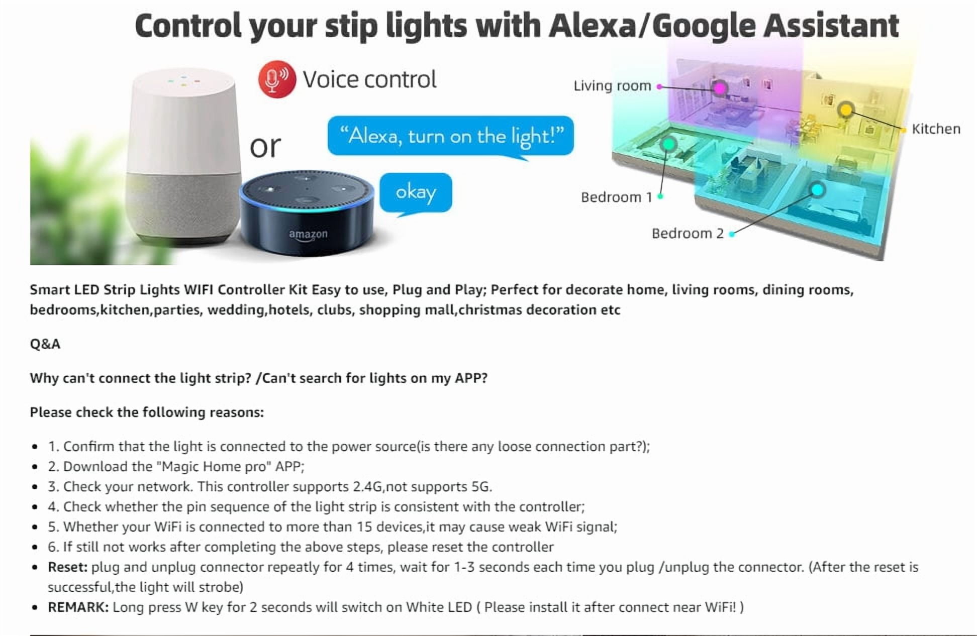 Smart WiFi RGBW LED Light Strip comes with 24-key RF Romote  Kit compatible with Alexa and Google Assistant