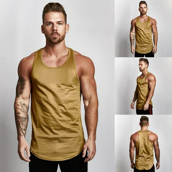 Dianli Men's Quick Dry Workout Tank Tops Fashion Crew Neck Basic Summer Beach Loose Fit Sleeveless Casual Tank Tops Muscle T Shirts for Men's Fitness Summer Saving Brown L