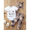 thumbnail image 2 of Seyurigaoka 3Pcs Baby Boys Summer Suit, Short Sleeve Round Neck Letters Print Romper + Jogger Trousers + Hat, 2 of 9