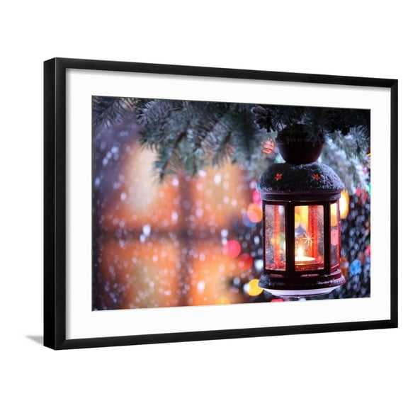 Art.com Christmas Lantern With Snowfall,Closeup Art Print by Sofiaworld, Black Frame Wall Art, 29" x 21"