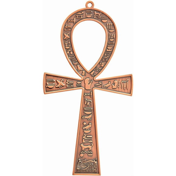 NileCart 7 in. large metal Egyptian ANKH Cross Made in Egypt with an ancient Egyptian hieroglyphic symbols on both sides (Antique Copper Tone)